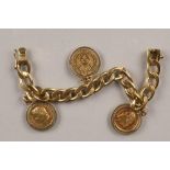 Unmarked yellow curb bracelet, with three attached French gold coins, including Napoleon III coin, a