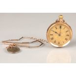 Ladies 14k gold pocket watch, gilt floral engraved dial, black Roman numerals and hands, weight