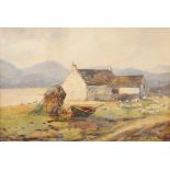 Frederick William Scarborough Gilt framed watercolour, signed 'Cottage by the Shore' 24cm x 34cm