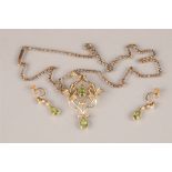 Edwardian 15 carat gold pearl seed and peridot pendant, and matching pair of drop earring (screw