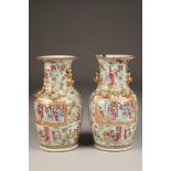 Pair 19th century Cantonese vases, baluster form, applied gilt dragons and dogs of fu, decorated