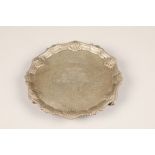 George III silver card tray, scallop pie crust rim raised on three ball and claw feet, assay