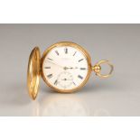 Gents 18 carat gold half hunter pocket watch, white enamel dial, roman numerals, seconds subsidiary