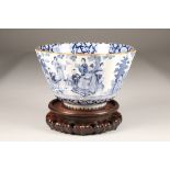 Japanese blue and white transfer printed bowl, with hardwood stand, diameter 31cm, height 18cm