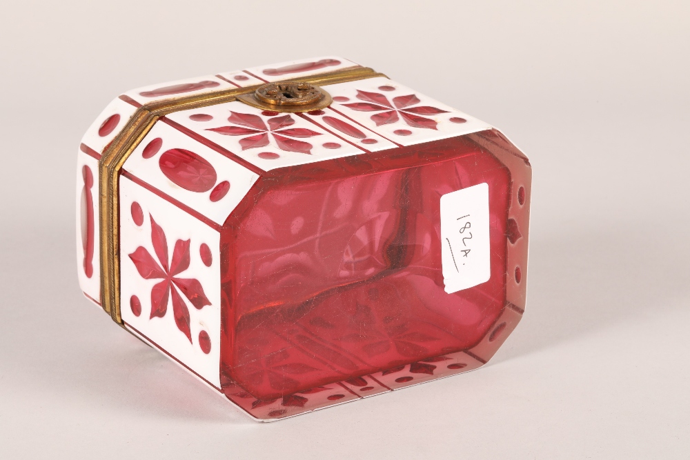 19th century bohemian white overlaid ruby glass box, hinged cover with lock (no key), length 13cm, - Image 6 of 7