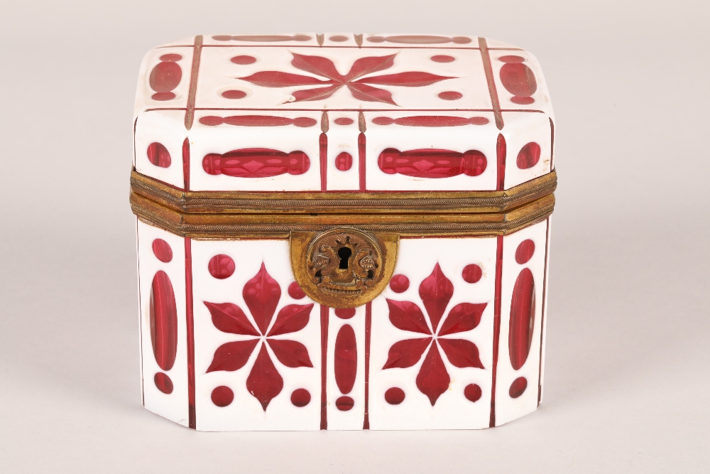 19th century bohemian white overlaid ruby glass box, hinged cover with lock (no key), length 13cm, - Image 7 of 7