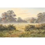 Allan Morgan Framed oil on canvas, signed 'Pastoral Landscape, Sheep and Farm Steading 44cm x 60cm