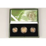 Boxed 2003 gold proof three coin sovereign collection, including half sovereign, sovereign and two