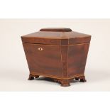 Georgian mahogany tea caddy, sarcophagus form, hinged cover revealing twin compartments with lids,