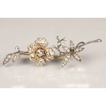 19th century unmarked yellow and white metal diamond brooch, floral form, length 80mm, weight 13g