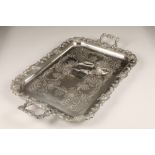 Fine Electro plated silver tray, rectangular with twin handles, scrolling vine edge with engraved