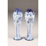 Pair William Moorcroft florian ware vases, slender baluster form, dianthus pattern, circa 1900,