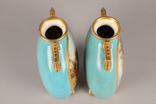 Pair 19th century Royal Worcester moon flask vases, powder blue with hand painted figures in - Image 6 of 7