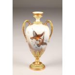 Royal Worcester China works vase, baluster form with scroll handles, hand painted two fighting