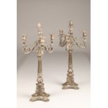 Pair German three branch candelabra, lion supports with a tapered and fluted column and three