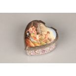 19th century French white metal and enamel trinket box, heart shaped, hand painted landscapes with