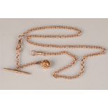 9 carat rose gold pocket watch chain, with T bar and ball pendant, 42g