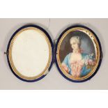 19th century gilt framed miniature young lady pink and blue dress with flowers, initialled A.B.,