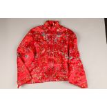 Chinese red silk Kimono, decorated with assorted flowers and birds, label for plumb blossoms, made