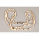 Ladies double strand pearl necklace, with 9 carat white gold clasp