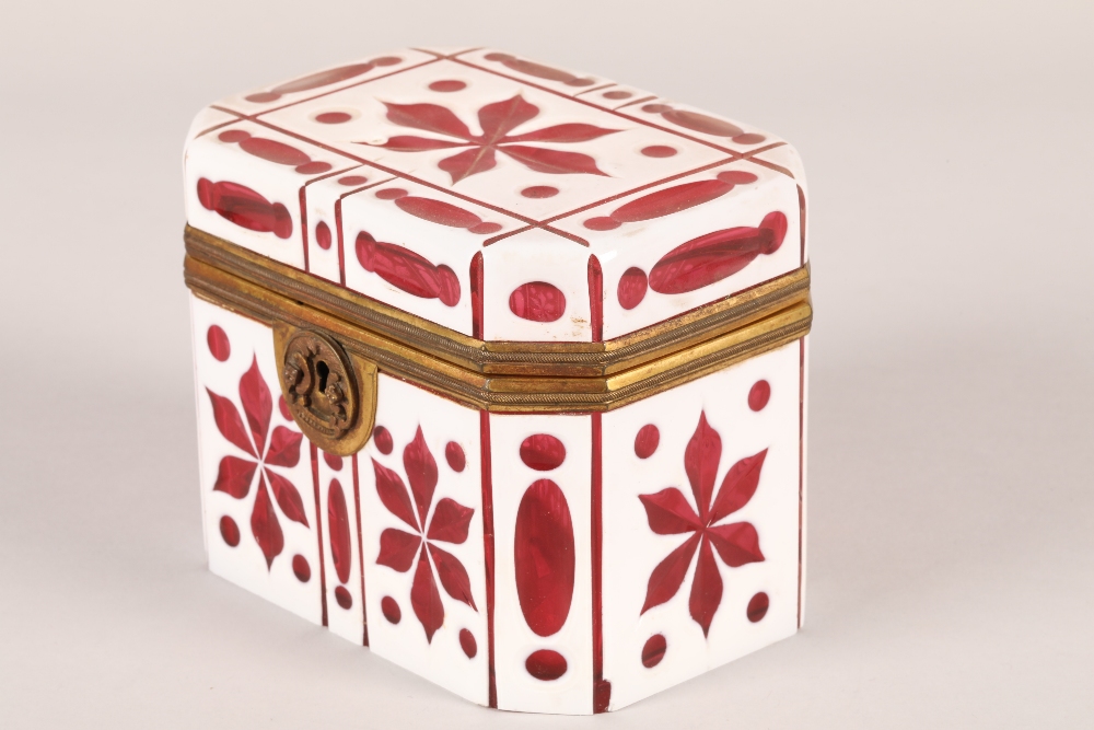 19th century bohemian white overlaid ruby glass box, hinged cover with lock (no key), length 13cm, - Image 3 of 7