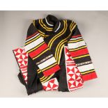 Chinese black cotton Kimono, with red and white geometric design to front , red white and yellow