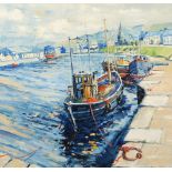 Erni Upton FRSA (Scottish born 1936) Framed oil on canvas, signed 'Girvan Harbour' 60cm x 60cm Label