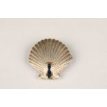 Boxed Tiffany & Co silver scallop shell brooch, set with four emerald and sapphires, length 32mm,