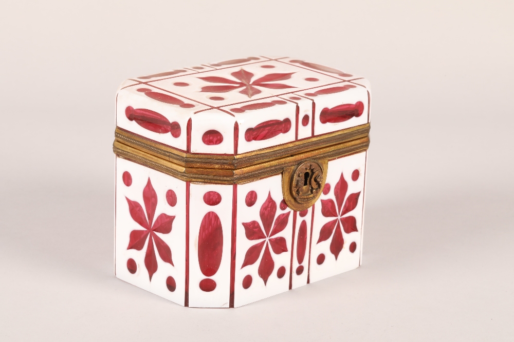 19th century bohemian white overlaid ruby glass box, hinged cover with lock (no key), length 13cm, - Image 2 of 7