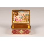 19th century French gilt metal and porcelain trinket box, hinged cover with painted scene of a