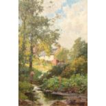Lester Sutcliffe (British 1848-1933) Gilt framed oil on canvas, signed 'Lady Feeding Ducks at