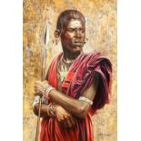 Steve Burgess ARR Framed oil on canvas, signed 'Masai Warrior' 36cm x 25cm