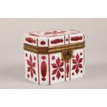 19th century bohemian white overlaid ruby glass box, hinged cover with lock (no key), length 13cm,