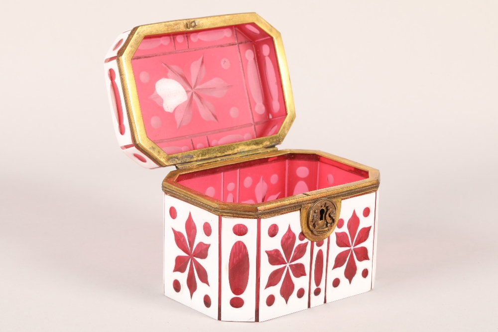 19th century bohemian white overlaid ruby glass box, hinged cover with lock (no key), length 13cm, - Image 5 of 7