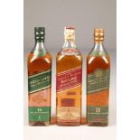 Johnnie Walker red label, 1 litre, 40% Vol , Johnnie Walker Green label, 15 years, 70 cl. 43% Vol,