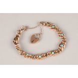 Ladies 9 carat rose gold curb link bracelet, set with turquoise stones with locket clasp, 12g