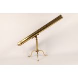 Brass telescope, with folding tripod stand , with fitted wooden case marked, with spare optic,