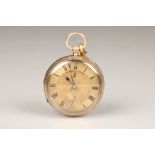 Gents 9 carat gold open faced pocket watch, engraved dial with roman numerals, weight 126g