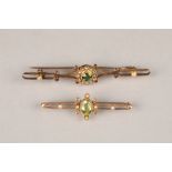 Two ladies 9 carat yellow gold peridot and pearl seed bar brooch