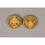 Two gold Austrian ducat coins, dated 1915