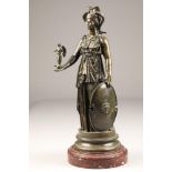 French bronze figure of Athena, Godess of War, raised on circular rouge marble base,