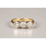 Ladies 18 carat yellow gold three stone diamond ring, each stone 0.25 carats, ring size J/K
