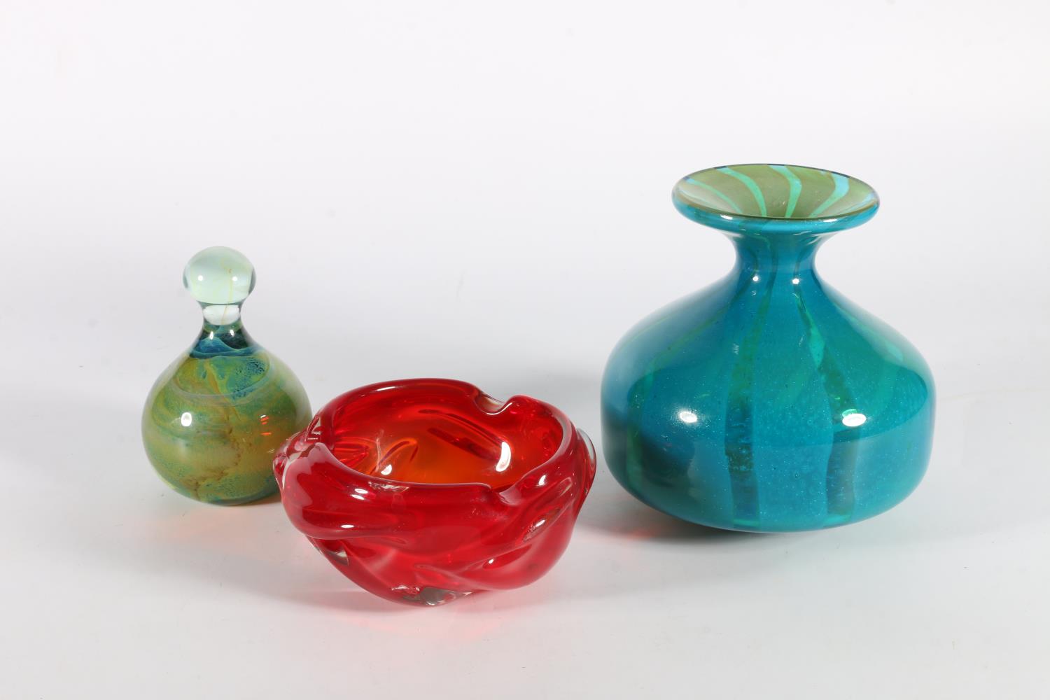 Mdina fragmented ming pattern vase, signed to base, 13cm diameter, a dump paperweight and a red