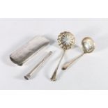 Sterling silver engine turned, Birmingham, 59g, two sterling silver sifting spoons, 42g and a