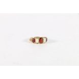 9ct gold opal and garnet set five stone ring, size N, 4.8g.