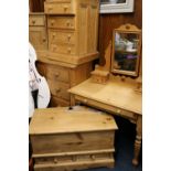 Six-piece pine harlequin bedroom suite comprising two-door wardrobe, dressing table, chest of