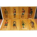 Set of eight painted military costume paintings on wood board to include Gordon Highlanders and