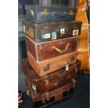 Six vintage cases and trunks to include three all leather examples, a canvas and leather examples