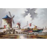 J COLL, Dutch scene with windmills and boats, oil on canvas, signed lower right, 58cm x 90cm.