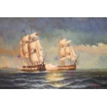 S HOFNER, American and British ships at duel, oil on canvas, signed lower right, 60cm x 90cm.